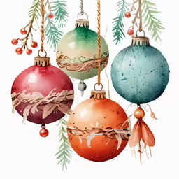 a white background with christmas balls and evergreen branches