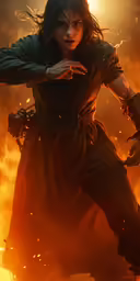 a woman with long hair holding a knife