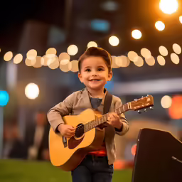 small child smiling and playing guitar with lights in the background
