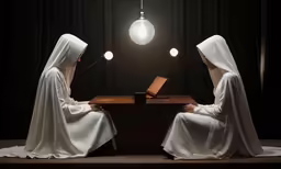 two women in robes sit at a table while using a laptop