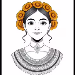 a girl wearing yellow flower wreaths in her hair,the woman is wearing a flower crown on her head,a woman wearing yellow flowers in her hair,an image of a woman with sunflowers on her head,a cartoon depicting an image of an mexican girl wearing sunflowers in her hair