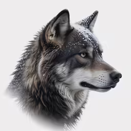 a photo of a gray wolf with snow on its fur