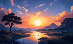 sunset with water and trees in grassy area