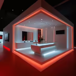 a modern and elegant white restaurant with red lights