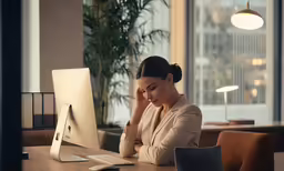 a woman sitting in front of a computer monitor
