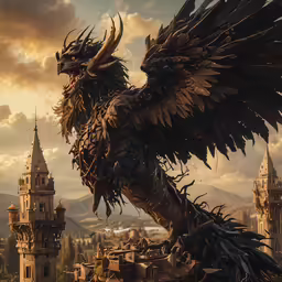 a large bird with spread wings is perched on top of a building