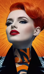 a woman with red hair and makeup with orange background