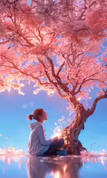 a young lady sitting next to a tree, watching the blooming cherry blossoms