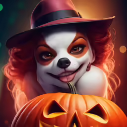 a beautiful woman wearing a red hat sitting in front of a halloween pumpkin