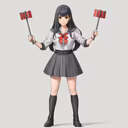 anime girl in a school uniform and black boots holding a pair of scissors