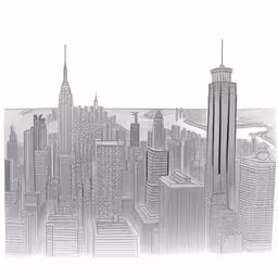a city skyline with tall buildings in the background,a drawing of a city, with some tall buildings