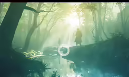 the silhouette of a man walking through a forest with green light streaming down