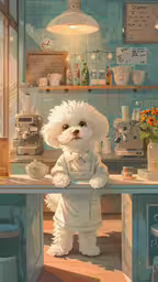 white dog dressed in white and standing at a counter,a painting of a little white dog dressed up