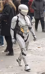 a person wearing a robot suit is walking down the street
