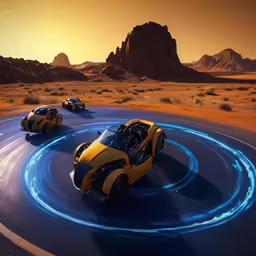 three super cars racing around on a track in an open field