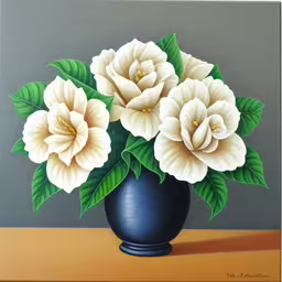 a painting of three flowers in a blue vase on a brown table,a painting of two white flowers in a blue vase