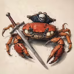an art work depicting a crab, two swords, and the head of a pirate