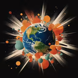 a black background with different colored circles around a globe