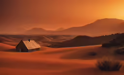 a house on a desert land surrounded by mountains