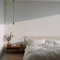 an unmade bed next to a white nightstand