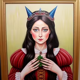 an oil painting of a woman wearing a tiara,a painting on canvas of a woman in a red dress with a crown