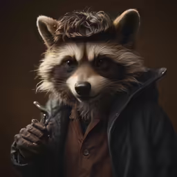 a person in a leather coat with a raccoon mask on