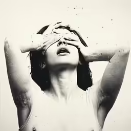 woman covered by raindrops covering her eyes