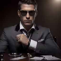 a man in a suit and sunglasses standing at a table with folded playing cards