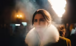 woman wearing white fur collar staring into camera