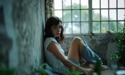 a girl in a gray shirt and jeans sitting near a window