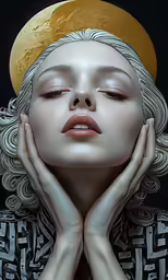 a woman is posing with her hands over her face