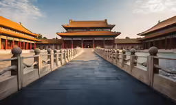 a walkway in a chinese city with tall buildings