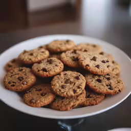 a white plate of chocolate chip cookies on a table