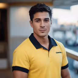 a male tennis player wearing a yellow polo shirt