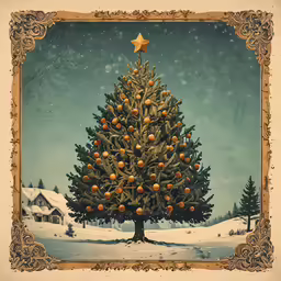 an image of a big christmas tree with oranges