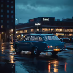 a small blue car parked in front of some tall buildings