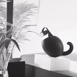 a black and white photo of a cat on a table