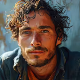 a man that is looking up to the camera,a close up image of a man with a goatee, wet look on his face