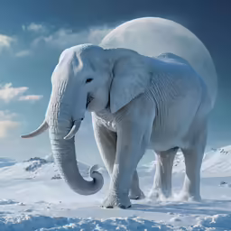 an elephant that is standing in the snow with a moon behind him