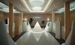 some people are standing near the entrance to a showroom