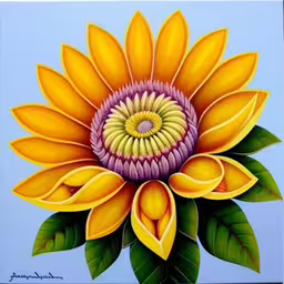 painting of a sunflower is on blue canvas,a painting of a large yellow flower that is still on show