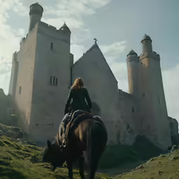 woman riding horse towards a castle under a cloudy sky