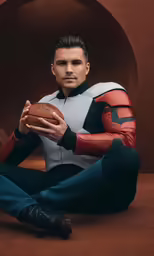 a man is sitting in front of a fake football