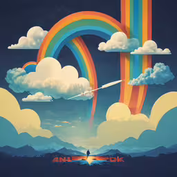 an artistic poster of a rainbow and sky,a painting of a rainbow and clouds over mountains
