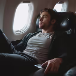 man sitting in a black chair under two large windows