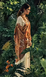 the woman is standing near some vegetation and trees