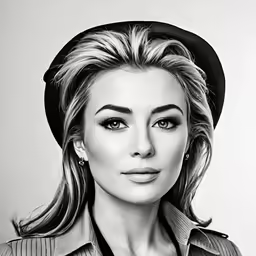 a woman with a hat is shown in black and white