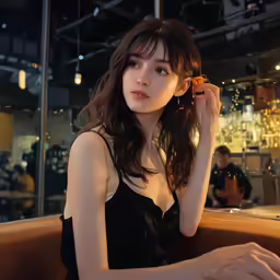 a woman sitting at a table next to a man in a bar