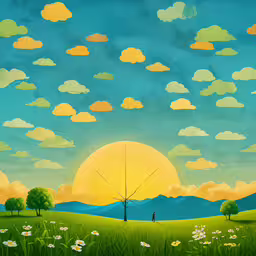 a painting of a sunset with green fields and trees,some grass flowers trees clouds and a hill