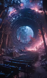 a set of chairs in the dark forest
